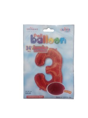 34" number 3 red balloon - Front Image